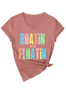 T-shirt à manches courtes et col V pour femme avec impression rétro et nœud élégant.
