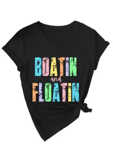T-shirt femme décontracté à col V et manches courtes avec imprimé amusant et nœud latéral tendance.