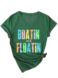 T-shirt femme décontracté vert col V manches courtes avec impression amusante