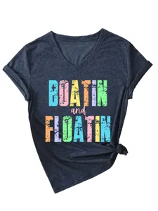 T-shirt décontracté pour femme à col V et manches courtes avec impression et nœud.