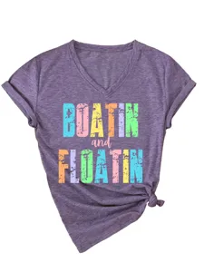 T-shirt femme décontracté à col en V, manches courtes, imprimé lettres et joli nœud.