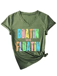 T-shirt femme décontracté vert col V à manches courtes avec imprimé et nœud latéral.