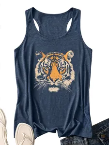 Λεπτομερης οψη γυναικειου casual tank top με vintage σχεδιο τιγρης σε μπλε.
