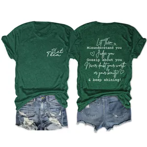 Σκούρο πράσινο γυναικείο T-shirt με κοντά μανίκια και τύπωμα εμπνευσμένου κειμένου.