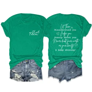 Πράσινο κοντομάνικο t-shirt με εμπνευσμένο απόφθεγμα let them στάμπα casual στρογγυλή λαιμόκοψη