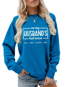 Damen lässiger blauer Langarm Sweatshirt mit lustigem Buchstabenprint für den Alltag und Freizeit.