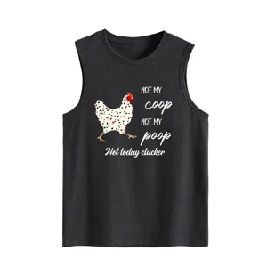 Close-up view of the funny chicken graphic and quote detail on the dark grey sleeveless tank top.