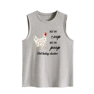 Close-up detail of the grey women's tank top featuring a funny chicken print and graphic slogan.