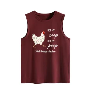 Close-up detail showing the funny chicken graphic print and slogan on the women tanktop.