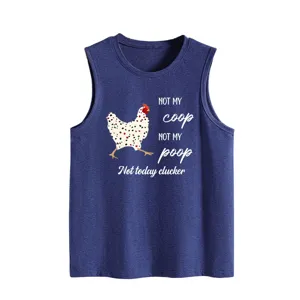 Detailed view of the dark blue sleeveless tank top featuring funny chicken and slogan graphic print.