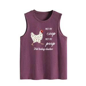 Detailed view of the purple novelty tank top featuring a fun chicken print and slogan text.