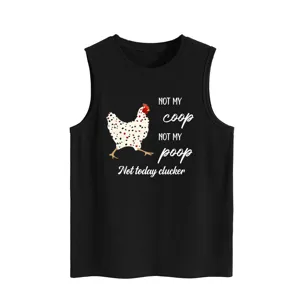 Close-up detail of the funny printed chicken graphic and slogan text on black tank top.