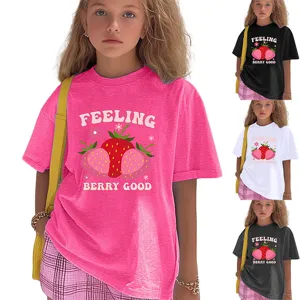 Kids casual round neck short sleeve t-shirt with cute strawberry print and text detail.