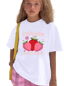Kids graphic short sleeve t shirt cute strawberry print casual white tee for boys and girls