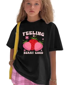 Kids casual short sleeve black t-shirt with cute strawberry print and lettering for summer.