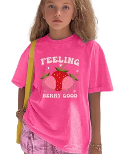 Kids pink short sleeve t-shirt with cute strawberry graphic and letter print for casual wear.