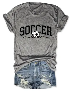 T shirt à manches courtes gris décontracté pour femme avec imprimé maman de foot et short en jean