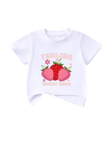 Kids white short sleeve t-shirt featuring cute strawberry graphic and casual round neck.