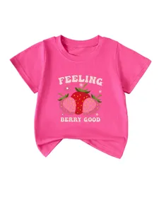 Kids pink short sleeve t-shirt with cute strawberry print and fun slogan for casual daily.