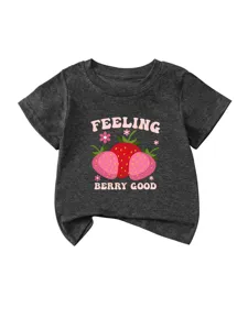 Kids short sleeve t-shirt featuring a cute strawberry print and playful graphic text.