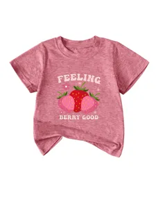 Kids casual pink short sleeve t-shirt featuring cute strawberry graphic and letter print.