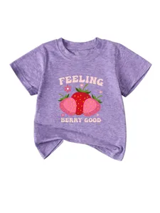 Kids purple short sleeve t-shirt featuring a cute strawberry graphic and funny text print.
