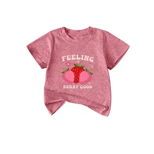 Cute toddler girls short sleeve pink t-shirt with funny strawberry graphic and letter print.