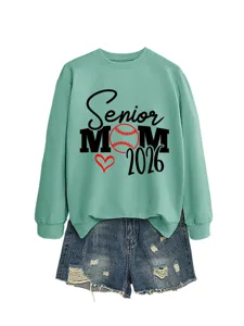 Sweat-shirt à manches longues vert menthe avec impression baseball Senior MOM 2026, haut décontracté.