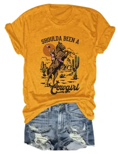 Maglietta grafica western vintage cowgirl maniche corte, top casual da donna girocollo.