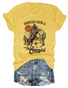 Maglietta donna gialla Shoulda Been A Cowgirl collo tondo manica corta stampa vintage top
