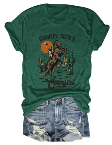 T-shirt grafica western vintage verde scuro manica corta top casual di cotone donna