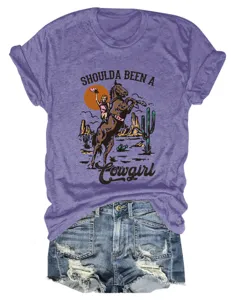 Elegante maglietta viola a maniche corte da donna con stampa grafica cowgirl vintage.