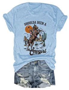 Donna maglietta a maniche corte con stampa cowgirl vintage abbinata a pantaloncini