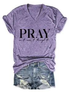 Donna casual maglietta viola melange con scollo a V e manica corta con stampa moda top chic.