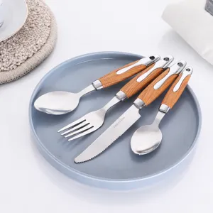 Cubiertos de Acero Inoxidable Cuchillo Tenedor Cuchara Vajilla de Cocina con Mango de Veta de Madera