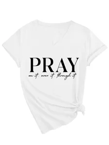 Donna Collo V Manica Corta T-Shirt Casual Pray Lettera Stampa Top Bianco Estate