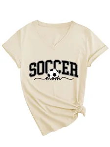 Mode Femme Col V Manches Courtes T-Shirt Imprimé Maman De Football Casual Top Beige.