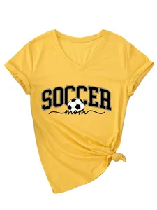 Femme Casual Col V Manches Courtes Soccer Mom T-Shirt Mode Jaune Ete Top Vetement