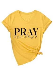 T-shirt da donna scollo V manica corta top giallo casual con stampa di lettere motivazionali.