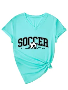 T-shirt Femme Col V Manches Courtes Imprimé Soccer Mom Haut Turquoise Mode Tendance