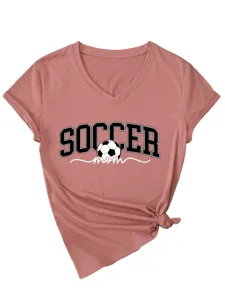 T-shirt Femme Col V Manches Courtes Imprimé Soccer Mom Haut Casual avec Nœud Ourlet