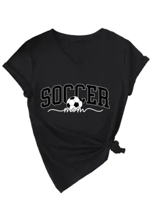Femme Col V Manche Courte T-Shirt Maman Foot Imprimer Haut Casual Eté Vue Détail