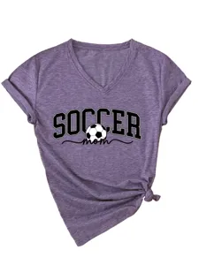 T-shirt col V violet chiné femme manches courtes avec motif Soccer Mom et nœud bas