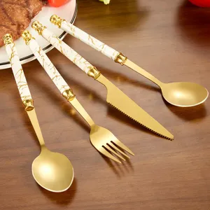 Ensemble de Couverts en Acier Inoxydable Luxe Poignée Motif Marbre Plaquée Or Vaisselle pour Cuisine Salle à Manger