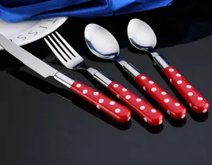 Juego de cubiertos de acero inoxidable con mango de lunares rojos, cuchillo tenedor