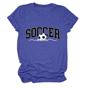 T-shirt femme manches courtes, bleu chiné avec motif graphique soccer mom et col rond classique.