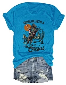 Maglietta a manica corta donna vintage western cowgirl con pantaloncini di jeans strappati