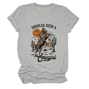 Maglietta grigia casual da donna con stampa grafica western di cactus e scollo rotondo.