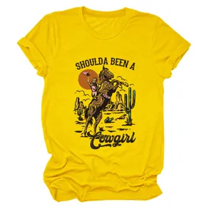 Maglietta grafica vintage western cowgirl da donna casual manica corta girocollo top giallo