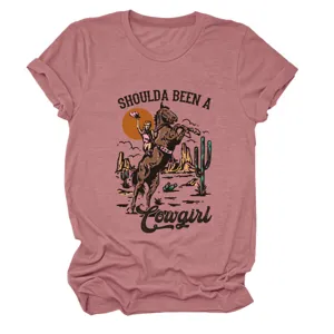 Maglietta donna manica corta girocollo con stampa grafica cowgirl western stile vintage